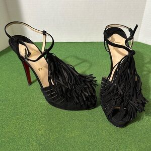 Christian Louboutin Suede Fringe Trim Accent Peep Toe Heels Pumps Sz 39.5 US 9.5